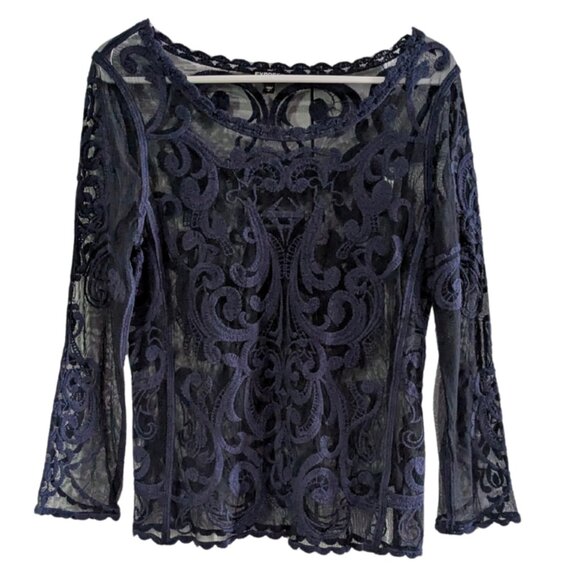 Express Women's Blue Mesh Embroidered Blouse, Size Small - Picture 1 of 12
